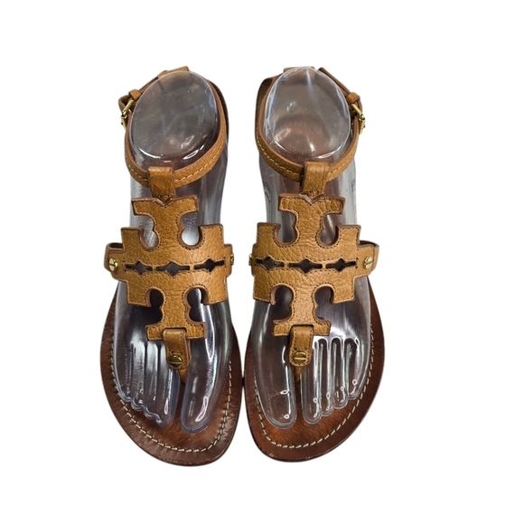 Tory Burch Phoebe large logo tan leather thong sandals rare